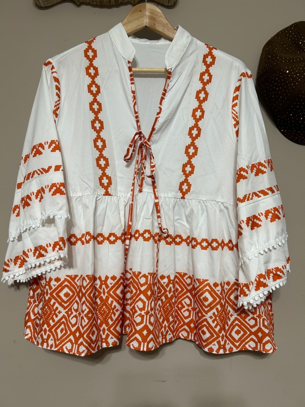 SHEIN White Tunic Top with Orange Geometric Embroidery